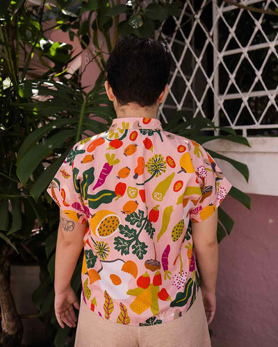 blusa botão feminina estampada duas design  / costas