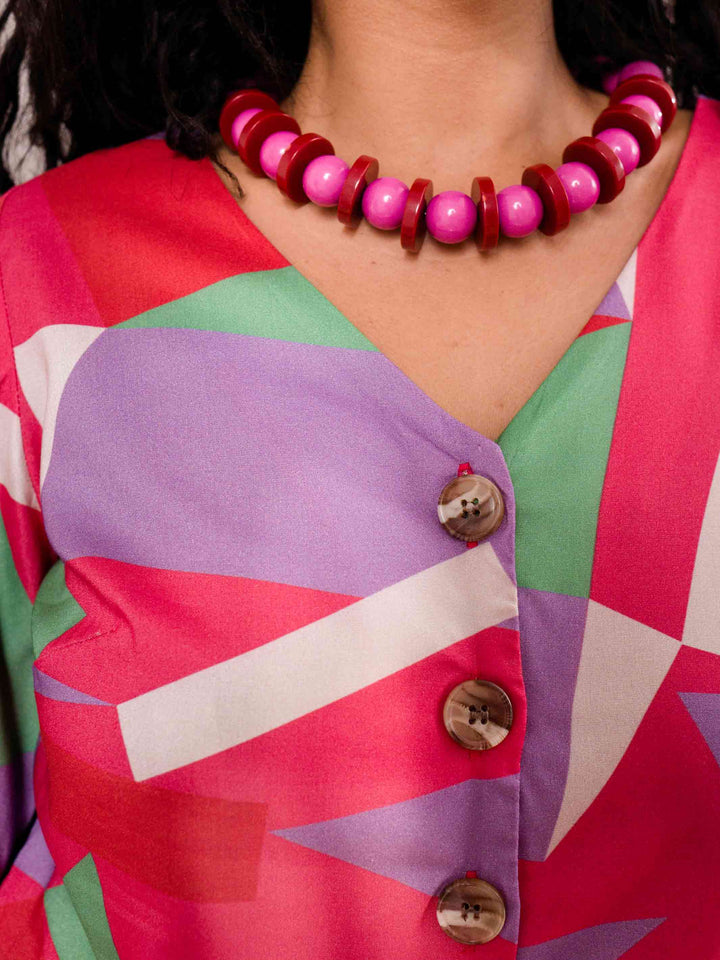 blusa estampada feminina botões frevo rosa detalhe