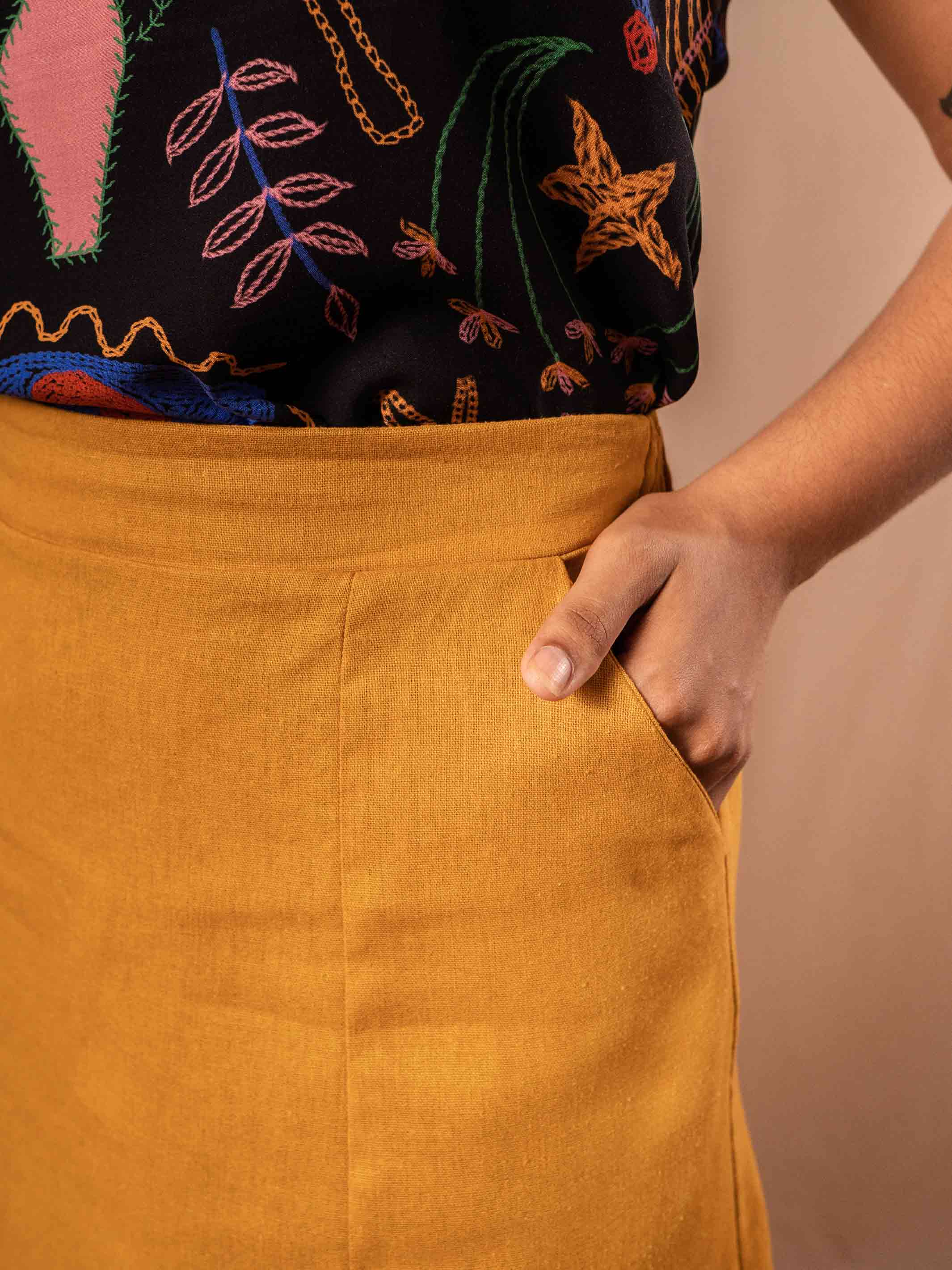 Saia midi linho mostarda sales