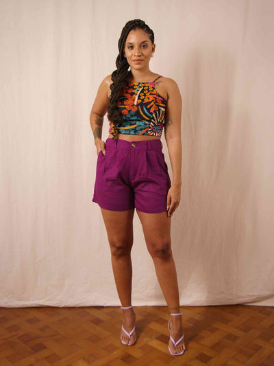 short feminino alfaiataria linho roxo