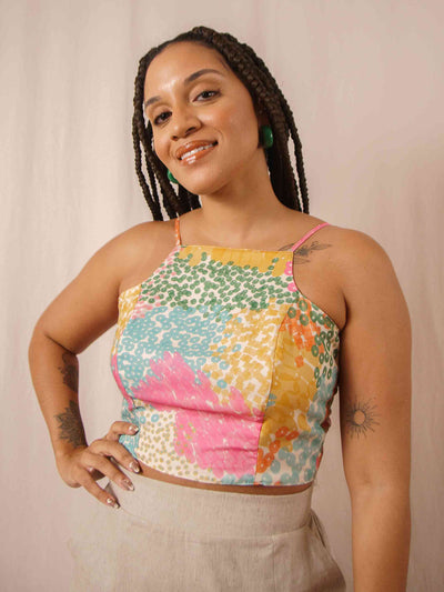 top laço linho estampado