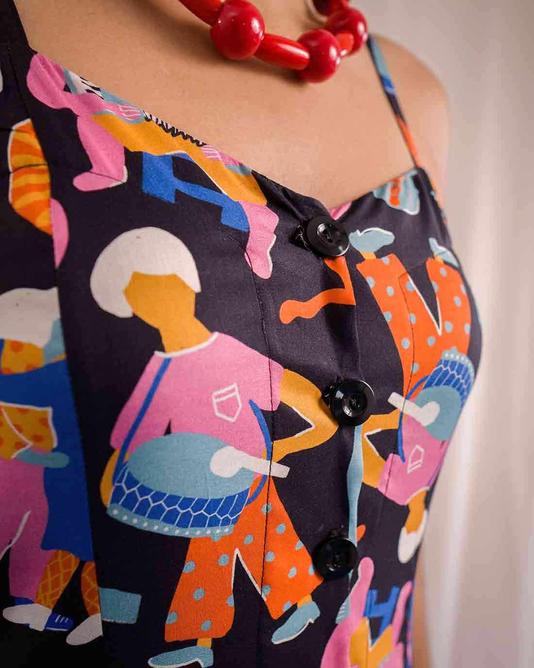 vestido longuete estampado estampa forró preto detalhe botões