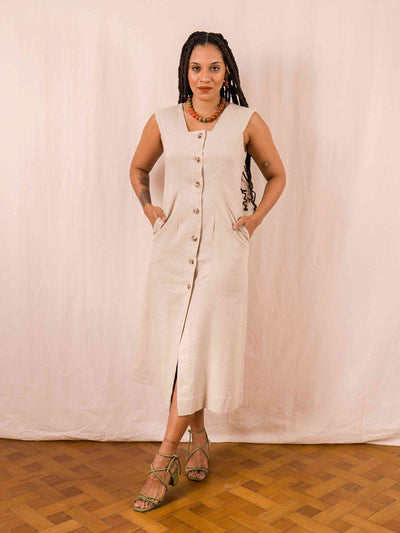 vestido midi linho bege