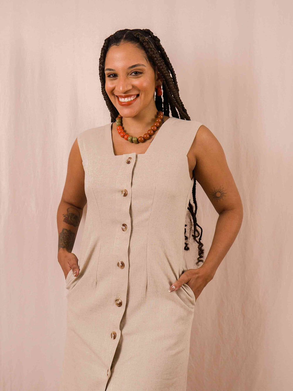 vestido midi linho bege det